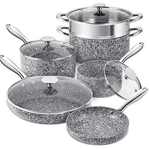 MICHELANGELO Stone Cookware Set 10 Piece, Ultra Nonstick Pots and Pans Set with Stone-Derived Coating for Kitchen, Granite - 10 Piece