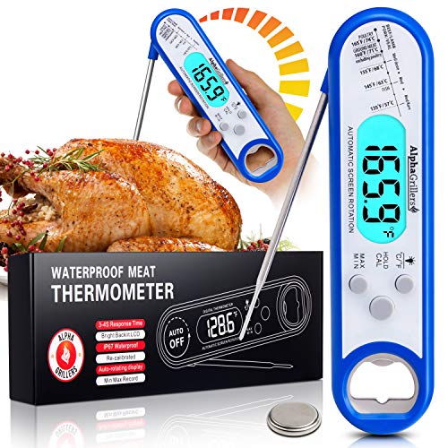 Alpha Grillers Instant Read Meat Thermometer for Grill and Cooking. Best Waterproof Ultra Fast Thermometer with Backlight & Calibration. Digital Food Probe for Kitchen, Outdoor Grilling and BBQ! Blue