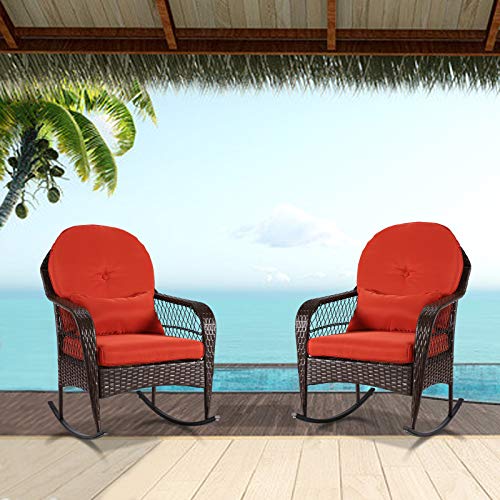 B BAIJIAWEI 2pcs Outdoor Wicker Rocking Chair - Garden Patio Yard Porch Lawn Balcony Backyard Furniture All- Weather Wicker Rocker Chair with Cushions (2PCS,Orange Red)