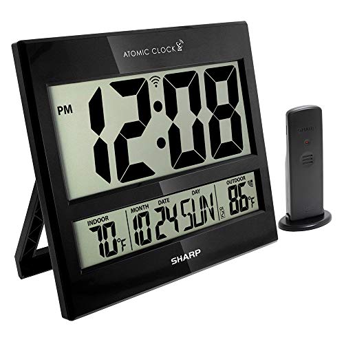 SHARP Atomic Clock - Atomic Accuracy - Never Needs Setting! -New Gloss Black Style - Jumbo 3' Easy to Read Numbers - Indoor/ Outdoor Temperature Display with Wireless Outdoor Sensor - Easy Set-Up!