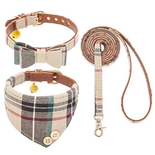 EXPAWLORER Dog Leash Set - Classic Plaid Dog Bow Tie and Dog Bandana Collar with Bell, Tangle Free, Adjustable Collars for Small Medium Large Dogs Cats, Holiday Ideal Gift