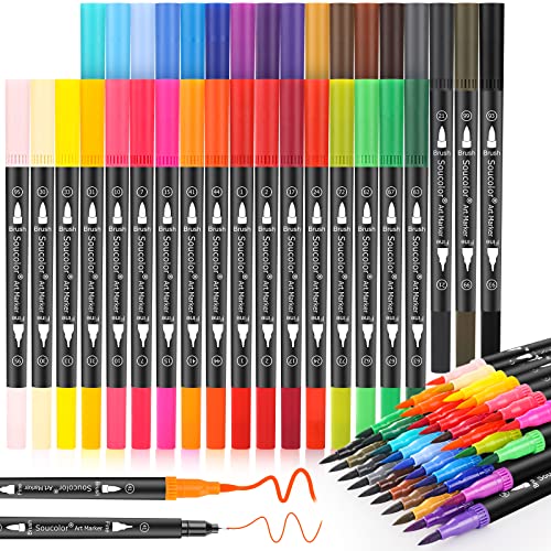 Soucolor Art Brush Markers Pens for Adult Coloring Books, 34 Colors Numbered Dual Tip (Brush and Fine Point) Art Marker Pen for Kids Note taking Planner Hand Lettering Calligraphy Drawing Journaling