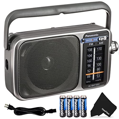 Panasonic Portable Radio AM/FM Battery Powered Electric with LED Tuning Indicator | 5 Core Radio, Best Sound and Reception, Small Size, Plug Option | Includes 4 AA Batteries and Cleaning Cloth