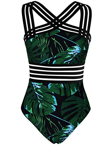 Hilor Women's One Piece Swimwear Front Crossover Swimsuits Hollow Bathing Suit Monokinis Black&Green Leaves L/US10-12