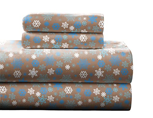 Pointehaven Heavy Weight Flannel Cotton Sheet Set, Cal King, Snow Flakes/Tan