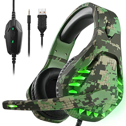 Butfulake Gaming Headset for Nintendo Switch, PS4, Xbox One, PS5 Controller, Laptop, Mac, Noise Cancelling PC Headset with Mic,7.1 Stereo Surround Sound, Cool LED Light,Comfort Earmuff, Camo Green