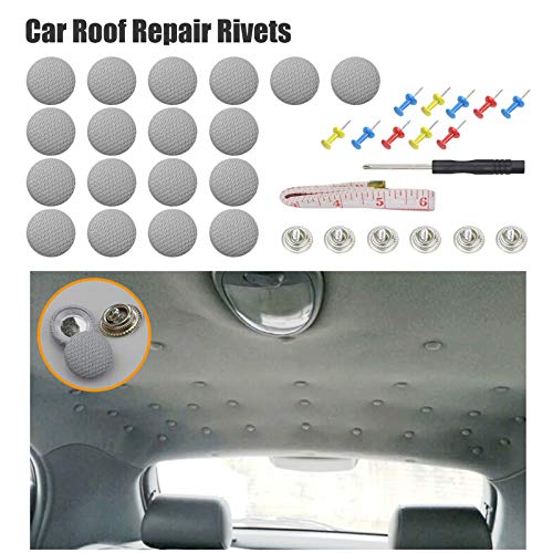 EZYKOO 60 pcs Car Roof Headliner Repair Button, Auto Roof Snap Rivets Retainer Design for Car Roof Flannelette Fixed, with Installation Tool and Fit All Cars(Grey Grid)