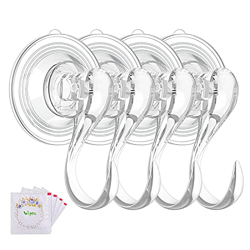 VIS'V Suction Cup Hooks, Small Clear Heavy Duty Vacuum Suction Hooks with Wipes Shower Suction Cup Hangers Removable Reusable Window Glass Door Suction Holder for Bathroom Kitchen Decor - 4 Pcs