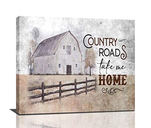 SOULDOOR Farmhouse Rustic Wall Decor Hand Painted Barn Canvas Wall Art Painting Pictures Country Roads Take Me Home Artwork For Bedroom Bathroom, 24x20 Inch