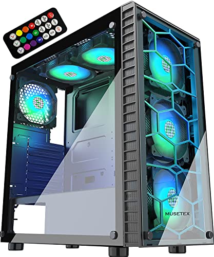MUSETEX ATX PC Case Pre-Installed 6Pcs 120mm ARGB Fans, Mid-Tower Computer Gaming Case, USB 3.0 Tempered Glass Phantom Black Computer Case, MN6-B