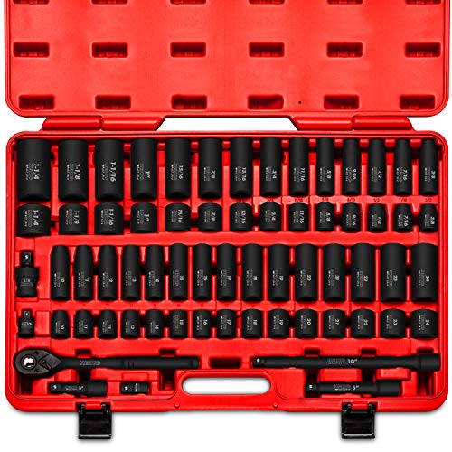 NEIKO 02448A 1/2' Drive Master Impact Socket Set, 65 Piece, Standard SAE (3/8'-1-1/4') & Metric (10-24 mm) Sizes, Deep & Shallow Kit, Includes Adapters & Ratchet Handle
