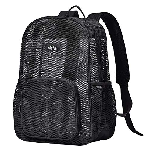 MAY TREE Heavy Duty Mesh Backpack, Semi-Transparent Mesh Backpack, See Through Mesh Backpack for Commuting, Swimming, Travel, Beach, Outdoor Sports (Black)
