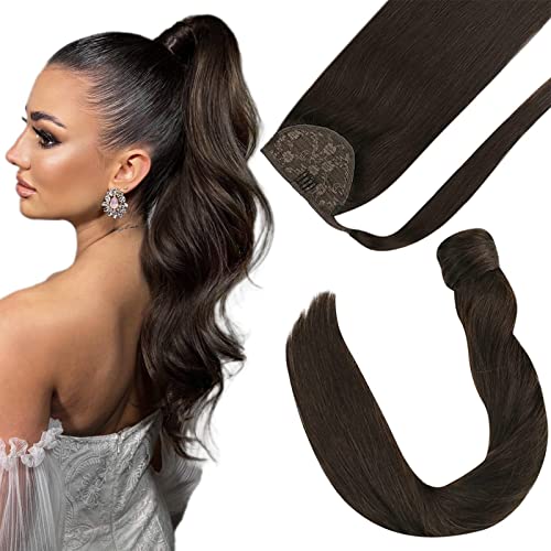 Sunny Straight Ponytail Extensions 14 inch Human Hair Wrap Around Remy Hair Straight Clip in Ponytail #2 Darkest Brown Extensions Human Hair Ponytail 80g