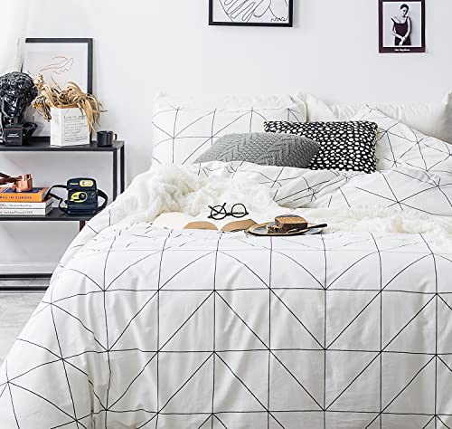 SUSYBAO White Grid Duvet Cover Queen 100% Cotton Plaid Duvet Cover 3 Pieces Set 1 Geometric Gingham Duvet Cover with Zipper Ties 2 Pillowcases Luxury Soft Modern Checkered Bedding Set Durable