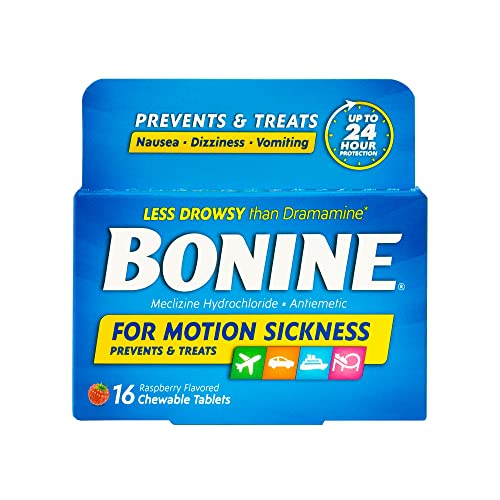 Bonine Motion Sickness Tablets - Meclizine 25mg, Non-Drowsy, For Nausea or Motion Sickness Relief, Raspberry Flavor, 16 Chewable Tablets