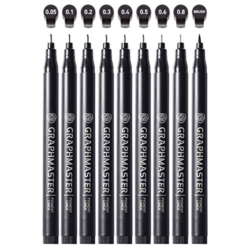 RVOGJP Precision Micro-Line Pens, Set of 9 Black Micro-Pen Fineliner Ink Pens, Waterproof Archival ink, Multiliner, Sketching, Anime, Artist Illustration, Technical Drawing, Office Documents