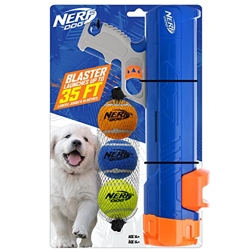 Nerf Dog 12in Blaster w/o Ball Clip 3 2in Squeak Tennis Balls - Opaque Blue/Orange/Gray and Orange and Blue and Green