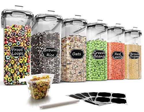 Wildone Storage Containers Set, Large BPA Free Plastic Airtight Food Containers 4L /135.3oz for Cereal, Flour, Sugar, 6 Piece Cereal Dispensers with 20 Labels & Marker, Black