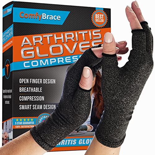 ComfyBrace Arthritis Hand Compression Gloves F.D.A. Comfy Fit, Fingerless Design, Breathable Moisture Wicking Fabric – Ease Muscle Tension, Relieve Carpal Tunnel Aches (Medium)