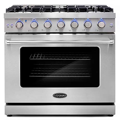 COSMO COS-EPGR366 36 in. Slide-In Freestanding Gas Range with 6 Sealed Burners, Cast Iron Grates and 6.0 cu. ft. Convection Oven in Stainless Steel, 36 inch