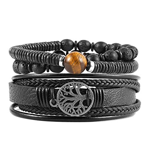 HZMAN Genuine Leather Tree of life Bracelets Men Women, Tiger Eye Natural Stone Lava Rock Beads Ethnic Tribal Elastic Bracelets Wristbands (Black)