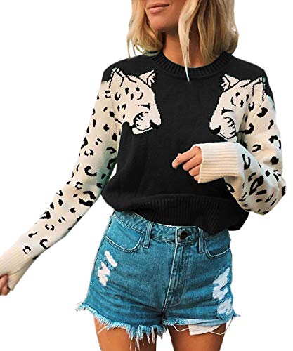 Angashion Women's Sweaters Casual Leopard Printed Patchwork Long Sleeves Knitted Pullover Cropped Sweater Tops Black S