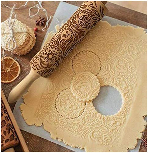 Embossed Rolling Pins for Christmas,3D Paisley Pattern Flower Snowflake rattan Wooden Roll Pin Laser Engraved Rolling Pin DIY Tool,Rolling Pin for Kids and Adults to Make Cookie Dough (38 * 5)