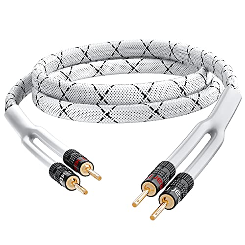 GearIT 14AWG Premium Heavy Duty Braided Speaker Wire Cable (10 Feet) Dual Gold Plated Banana Plug Tips - in-Wall CL2 - Oxygen-Free Copper (OFC) White