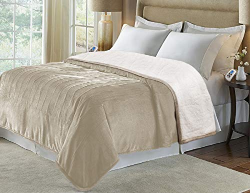 Marquess King Size Electric Blanket,Flannel Sherpa Washable and Comfortable Heated Blanket with 10 Heat Settings, Safety 10 Hours Auto-Off &Dual Temperature Dual Control by One Blanket(King, Linen)