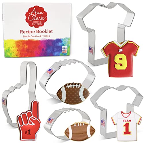 Ann Clark Cookie Cutters 5-Piece Football Cookie Cutter Set with Recipe Booklet, Fan Hand, Large Football, Small Football, Large T-shirt/Jersey, Small T-shirt/Jersey