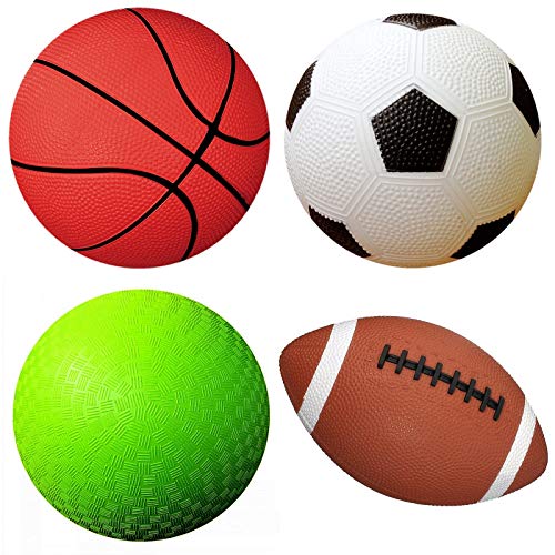 AppleRound Pack of 4 Sports Balls with 1 Pump: 1 Each of 5' Soccer Ball, 5' Basketball, 5' Playground Ball, and 6.5' Football (4 Balls and 1 Pump)