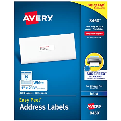 Avery Address Labels with Sure Feed for Inkjet Printers, 1' x 2-5/8', 3,000 Labels, Permanent Adhesive (8460), White