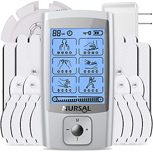 NURSAL TENS Unit EMS Muscle Stimulator Machine for Pain Relief Therapy with 16pcs Electrode Pads Electric TENS Machine, ABS Pads Holder, USB Wall Charger and Dust-Proof Storage Bag