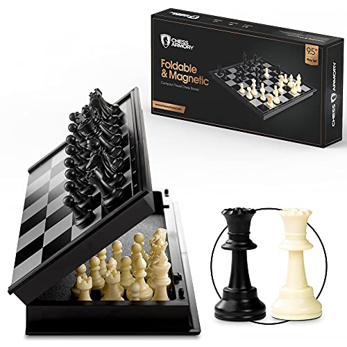 Chess Armory Travel Set 9.5' x 9.5'- Mini for Kids with Folding Magnetic Board Storage Box, & 2 Extra Queen Pieces - Portable Game