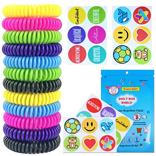 Mosquito Repellent Bracelet 12 Pack Natural Mosquito Repellent Band with 24 Pcs Stickers Safe for Kids and Adults Waterproof Insect Repellent Wristband for Indoor and Outdoor Protection UP to 300Hrs