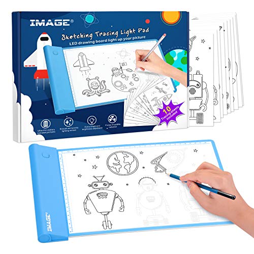 IMAGE Light Up Tracing Pad Blue Drawing Tablet Coloring Board for Kids Children Gift for Boys Girls (Includes 10 Traceable Sheets and Two Clips)