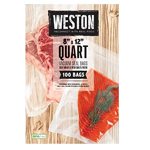 Weston Vacuum Sealer Bags, 2 Ply 3mm Thick, for NutriFresh, FoodSaver & Other Heat-Seal Systems, for Meal Prep and Sous Vide, BPA Free, 8' x 12' (Quart), 100 count, Clear