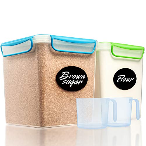 2 Large Airtight Food Storage Containers for Flour, Sugar 142 ounces - Kitchen Pantry Plastic Containers - Air Tight Canisters Set With Locking Lids - 4 Labels, Marker and 2 Measuring Cups by GoodCups