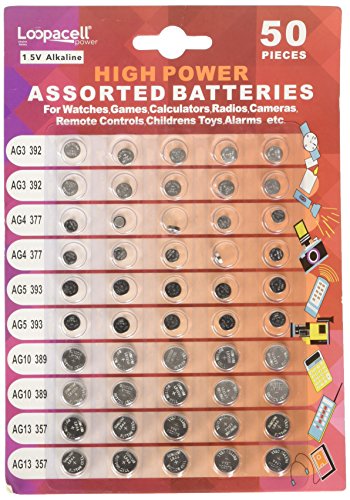 Loopacell High Power Super Alkaline Button Cell Assorted 1.5V Battery AG3/LR41 AG4/LR626 AG5/LR754 AG10/LR1130 AG13/LR44,50 Count (Pack of 1)