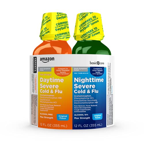 Amazon Basic Care Daytime and Nighttime Severe Cold and Flu Medicine Combo Pack, Multi-Symptom Relief, Max Strength Liquid Medicine in Original Flavor, Gluten Free, 24 Fluid Ounce