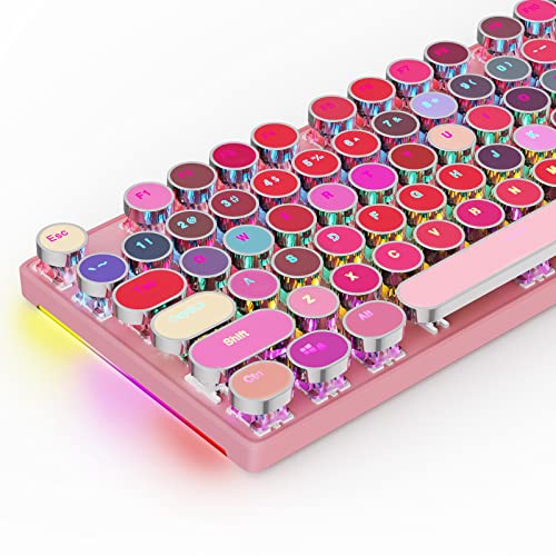 HUO JI Mechanical Gaming Keyboard Typewriter Style with RGB Side Lit and Rainbow Backlit, Retro Style, Blue Switches - Clicky, Lipstick 104 Keys for Mac, PC, Cute Pink