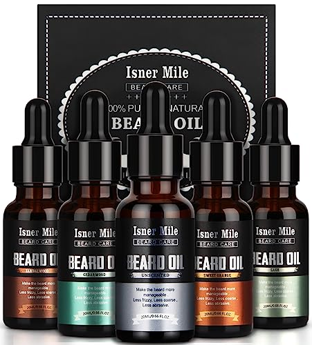 5 Pack Beard Oil Set Leave in Conditioner, Cedarwood, Sandalwood, Sage, Sweet Orange for Men Mustaches Growth, Soften, Moisturizing, Strength, Stocking Stuffers Gifts for Him Man Dad Father Boyfriend