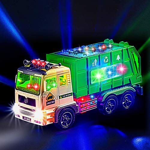 Toy Garbage Truck for Kids with 4D Lights and Sounds - Battery Operated Automatic Bump & Go Car - Sanitation Truck Stickers