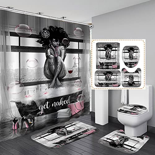 OLEBETY 4PCS Sexy Black Girl Shower Curtain Set, Romantic Pink Floral High Heels Bubble Red Wine Afro Lady African American Woman Inspirational Quotes Bathroom Decor, Non-Slip Bath Rugs, Get Naked