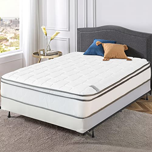 Spinal Solution, 10-Inch Meduim Plush Eurotop Pillowtop Innerspring Mattress & 8' Wood Box Spring Set With Metal Frame, Queen, White/LT Brown.