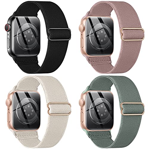 CTYBB 4 Pack Stretchy Nylon Solo Loop Bands Compatible with Apple Watch 40mm 38mm 44mm 49mm 45mm 42mm 41mm, Adjustable Braided Elastic Sport Straps Womens Men Wristbands for iWatch Series 8 7 6 5 4 3 2 1 SE Ultra