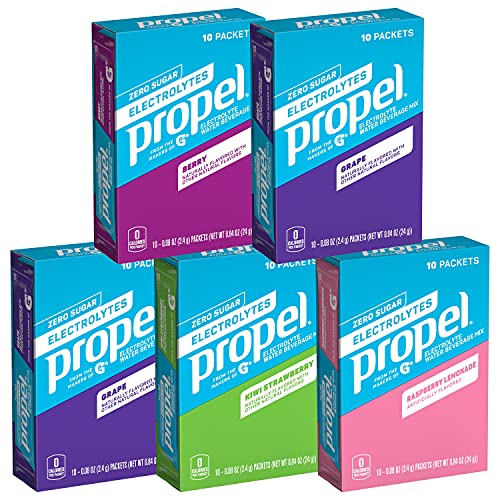 Propel Powder Packets 4 Flavor Variety Pack With Electrolytes, Vitamins and No Sugar 10 Count (Pack of 5) (Packaging May Vary)