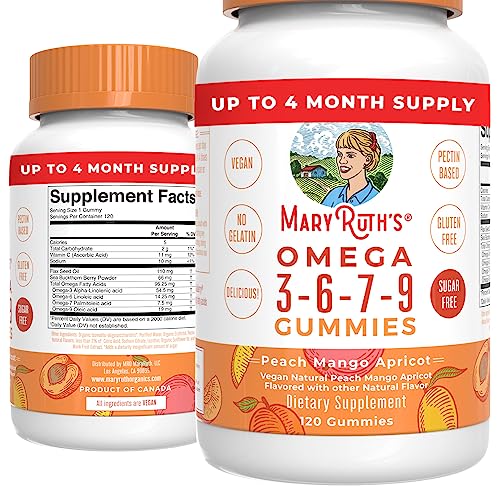 Vegan Omega 3 6 7 9 Gummies by MaryRuth's | Up to 4 Month Supply | Omega 3 Supplement with Flaxseed Oil | Omega 3 Gummies for Immune Support, Heart Health | No Fish Taste | Non-GMO | 120 Count