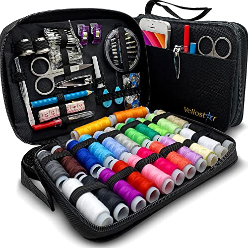 VelloStar Sewing Kit for Adults & Kids w/ 100 Sewing Supplies and Accessories - 24-Color Threads, Needle and Thread Kit Products for Small Fixes, Basic Mini Travel Sewing Kit for Emergency Repairs