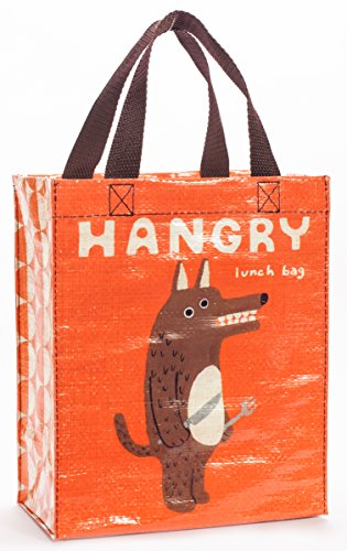 Blue Q Handy Tote ~ Hangry. Reusable lunch bag, little tote, gift bag, sturdy and easy to clean, made from 95% recycled material, 10'h x 8.5'w x 4.5'd